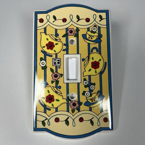 Vintage Mary Engelbreit Switch Plate Cover Ceramic Yellow Floral Tea Pot Cup 96’ - Picture 1 of 3
